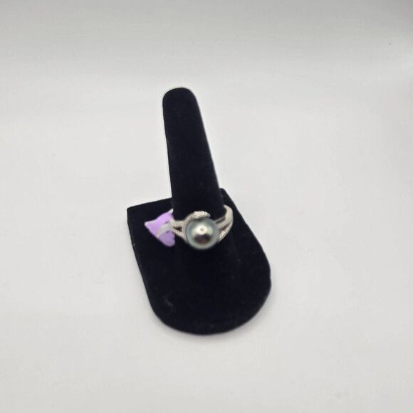 New Gray Tahitian Pearl Sterling Silver Rind Size 7 Diamond Accent 10mm - Picture 7 of 10
